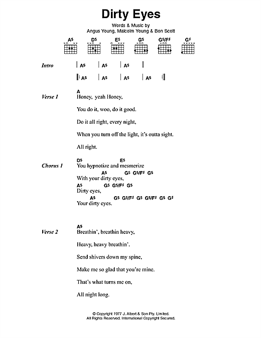 Learn to play AC/DC Dirty Eyes sheet music for Lyrics & Chords in minutes. AC/DC Dirty Eyes sheet music preview music notes and score for Lyrics & Chords including 2 page(s)