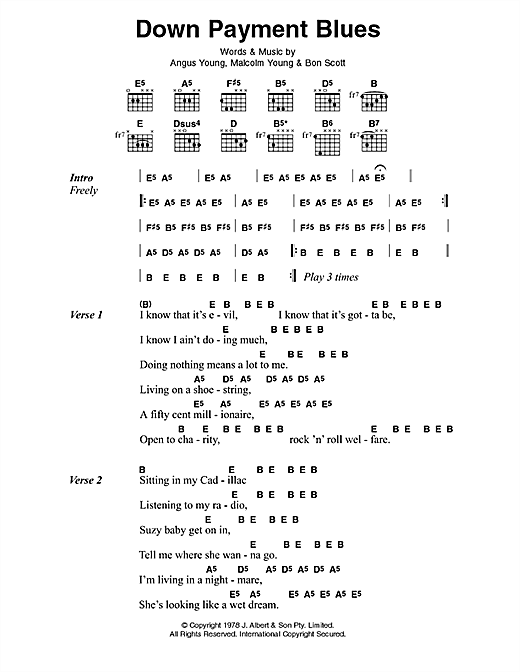 AC/DC Down Payment Blues sheet music, chords, lyrics - Printable PDF for Lyrics & Chords