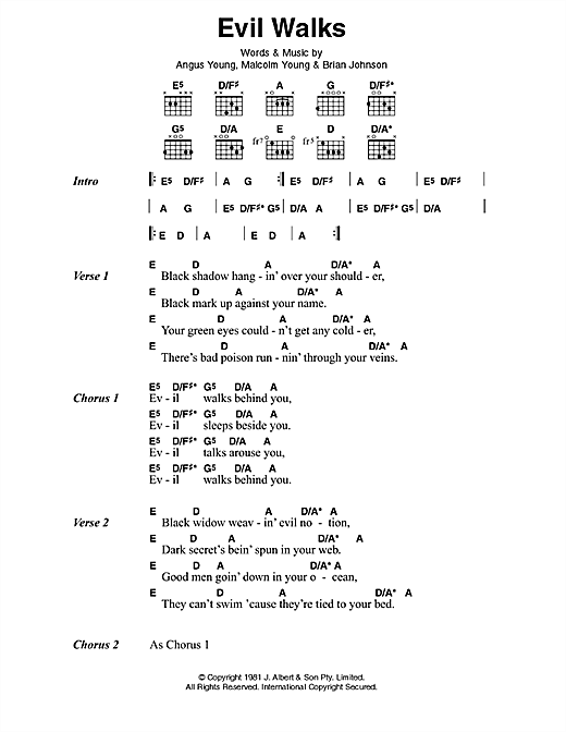 Learn to play AC/DC Evil Walks sheet music for Lyrics & Chords in minutes. AC/DC Evil Walks sheet music preview music notes and score for Lyrics & Chords including 2 page(s)
