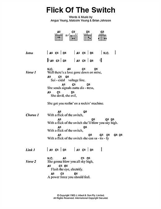 Learn to play AC/DC Flick Of The Switch sheet music for Lyrics & Chords in minutes. AC/DC Flick Of The Switch sheet music preview music notes and score for Lyrics & Chords including 2 page(s)