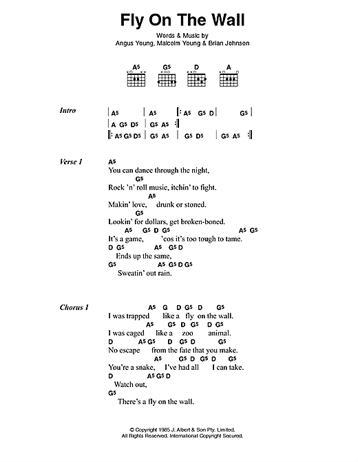 AC/DC Fly On The Wall sheet music, chords, lyrics - Printable PDF for Lyrics & Chords