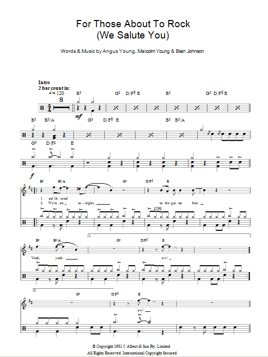 AC/DC For Those About To Rock (We Salute You) sheet music, chords, lyrics - Printable PDF for Drums