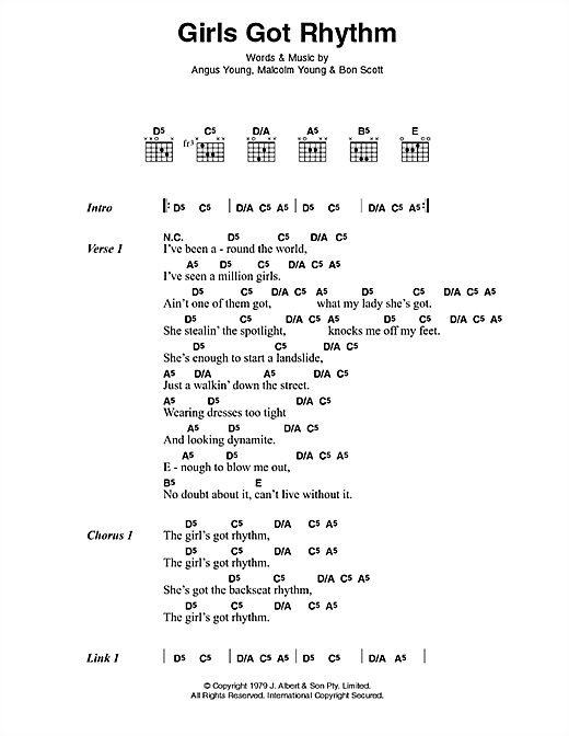 Learn to play AC/DC Girl's Got Rhythm sheet music for Lyrics & Chords in minutes. AC/DC Girl's Got Rhythm sheet music preview music notes and score for Lyrics & Chords including 2 page(s)