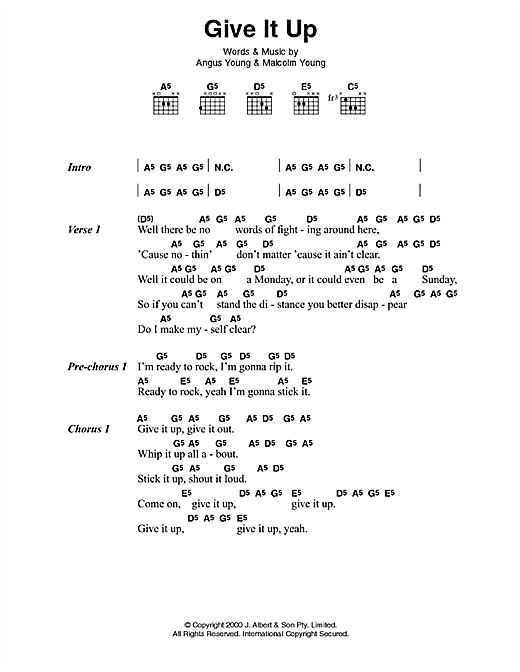 AC/DC Give It Up sheet music, chords, lyrics - Printable PDF for Lyrics & Chords