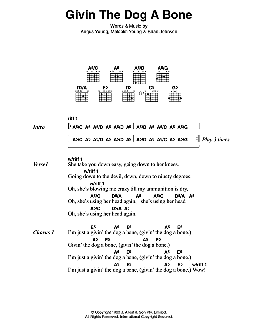 Learn to play AC/DC Givin' The Dog A Bone sheet music for Lyrics & Chords in minutes. AC/DC Givin' The Dog A Bone sheet music preview music notes and score for Lyrics & Chords including 2 page(s)