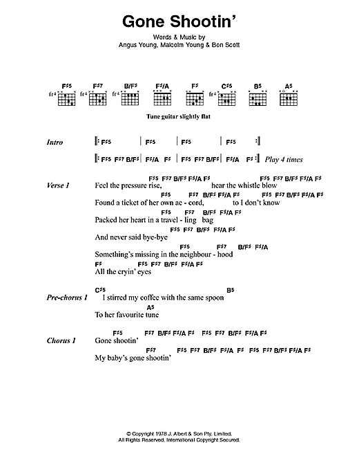 Learn to play AC/DC Gone Shootin' sheet music for Lyrics & Chords in minutes. AC/DC Gone Shootin' sheet music preview music notes and score for Lyrics & Chords including 3 page(s)