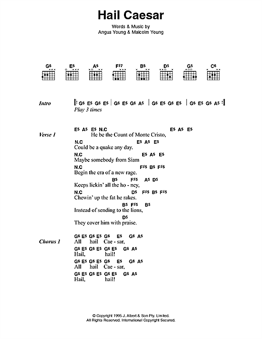 Learn to play AC/DC Hail Caesar sheet music for Lyrics & Chords in minutes. AC/DC Hail Caesar sheet music preview music notes and score for Lyrics & Chords including 3 page(s)