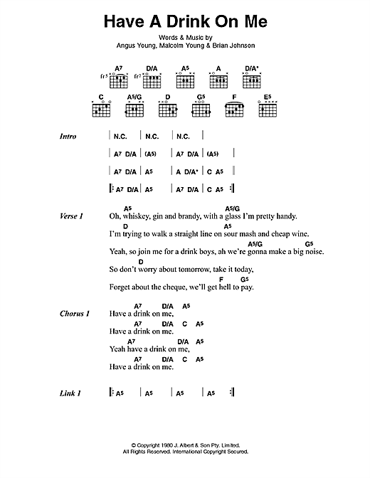 Learn to play AC/DC Have A Drink On Me sheet music for Lyrics & Chords in minutes. AC/DC Have A Drink On Me sheet music preview music notes and score for Lyrics & Chords including 3 page(s)