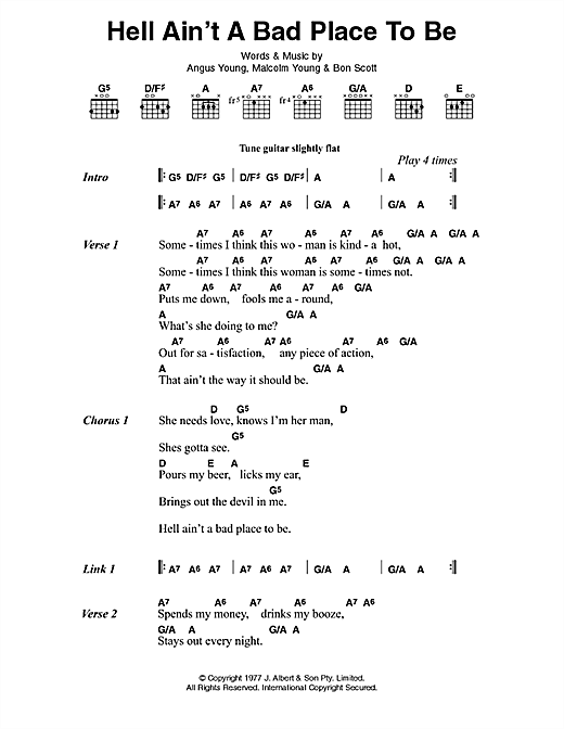 Learn to play AC/DC Hell Ain't A Bad Place To Be sheet music for Lyrics & Chords in minutes. AC/DC Hell Ain't A Bad Place To Be sheet music preview music notes and score for Lyrics & Chords including 2 page(s)