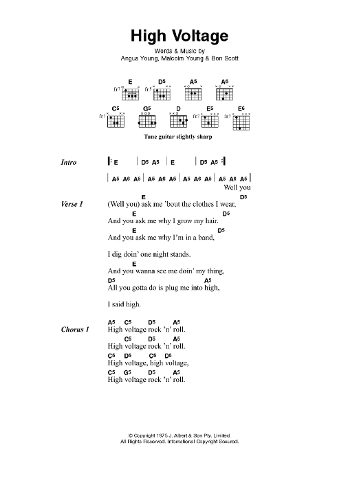 AC/DC High Voltage sheet music, chords, lyrics - Printable PDF for Lyrics & Chords