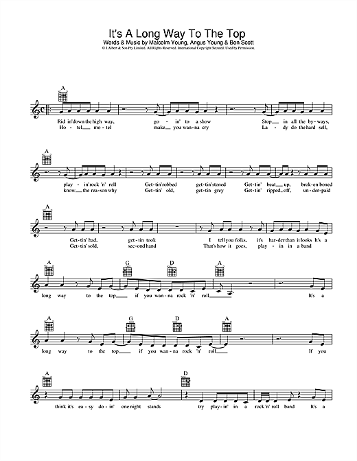 AC/DC It's A Long Way To The Top (If You Wanna Rock ‘n' Roll) sheet music preview music notes and score for Melody Line, Lyrics & Chords including 2 page(s)