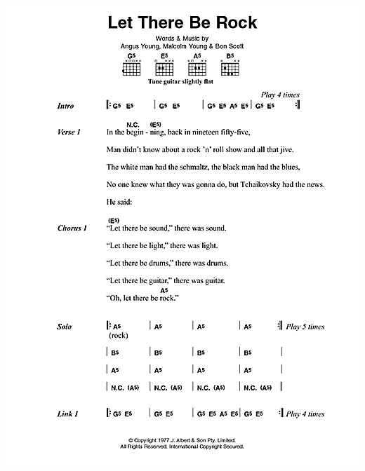 Learn to play AC/DC Let There Be Rock sheet music for Lyrics & Chords in minutes. AC/DC Let There Be Rock sheet music preview music notes and score for Lyrics & Chords including 2 page(s)