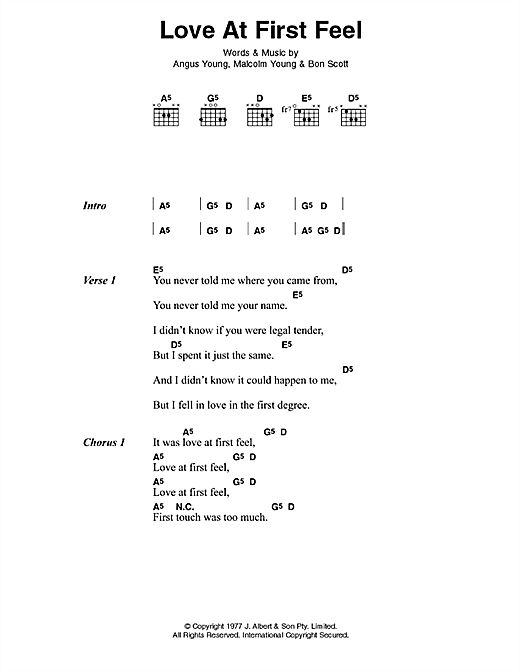 Learn to play AC/DC Love At First Feel sheet music for Lyrics & Chords in minutes. AC/DC Love At First Feel sheet music preview music notes and score for Lyrics & Chords including 2 page(s)