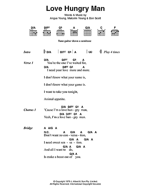 Learn to play AC/DC Love Hungry Man sheet music for Lyrics & Chords in minutes. AC/DC Love Hungry Man sheet music preview music notes and score for Lyrics & Chords including 2 page(s)