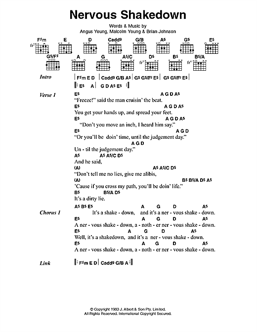 Learn to play AC/DC Nervous Shakedown sheet music for Lyrics & Chords in minutes. AC/DC Nervous Shakedown sheet music preview music notes and score for Lyrics & Chords including 2 page(s)
