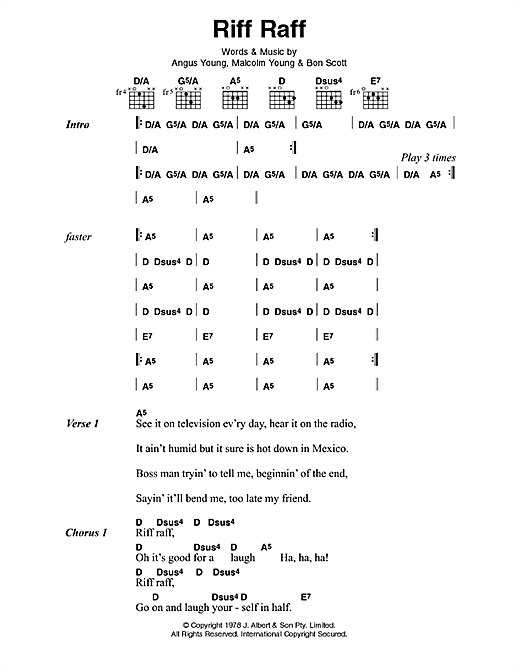 Learn to play AC/DC Riff Raff sheet music for Lyrics & Chords in minutes. AC/DC Riff Raff sheet music preview music notes and score for Lyrics & Chords including 2 page(s)