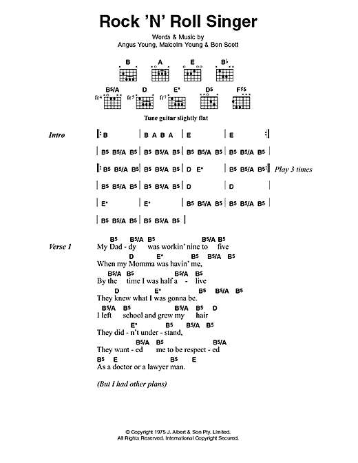 Learn to play AC/DC Rock 'N' Roll Singer sheet music for Lyrics & Chords in minutes. AC/DC Rock 'N' Roll Singer sheet music preview music notes and score for Lyrics & Chords including 3 page(s)
