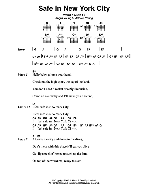 Learn to play AC/DC Safe In New York City sheet music for Lyrics & Chords in minutes. AC/DC Safe In New York City sheet music preview music notes and score for Lyrics & Chords including 3 page(s)