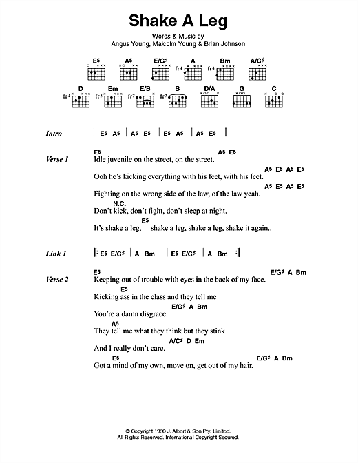Learn to play AC/DC Shake A Leg sheet music for Lyrics & Chords in minutes. AC/DC Shake A Leg sheet music preview music notes and score for Lyrics & Chords including 3 page(s)