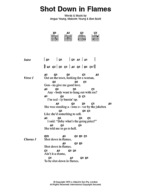 Learn to play AC/DC Shot Down In Flames sheet music for Lyrics & Chords in minutes. AC/DC Shot Down In Flames sheet music preview music notes and score for Lyrics & Chords including 2 page(s)