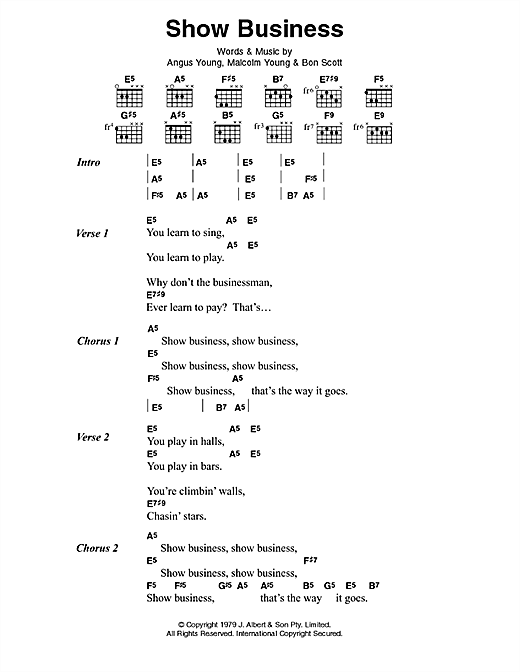 AC/DC Show Business sheet music, chords, lyrics - Printable PDF for Lyrics & Chords