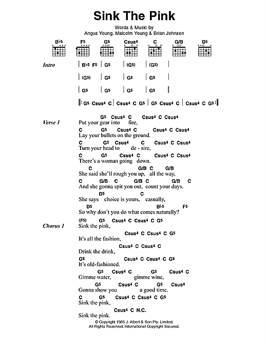 Learn to play AC/DC Sink The Pink sheet music for Lyrics & Chords in minutes. AC/DC Sink The Pink sheet music preview music notes and score for Lyrics & Chords including 2 page(s)