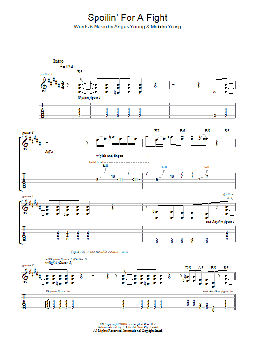 AC/DC Spoilin' For A Fight sheet music, chords, lyrics - Printable PDF for Guitar Tab