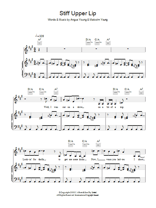 Learn to play AC/DC Stiff Upper Lip sheet music for Lyrics & Chords in minutes. AC/DC Stiff Upper Lip sheet music preview music notes and score for Lyrics & Chords including 3 page(s)