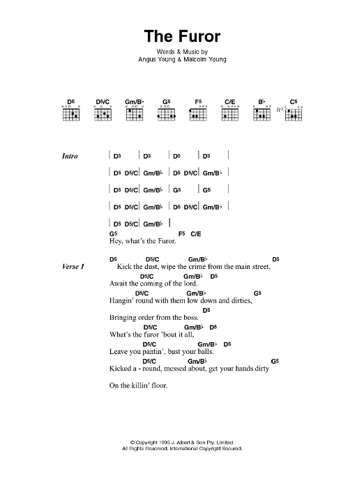 AC/DC The Furor sheet music, chords, lyrics - Printable PDF for Lyrics & Chords