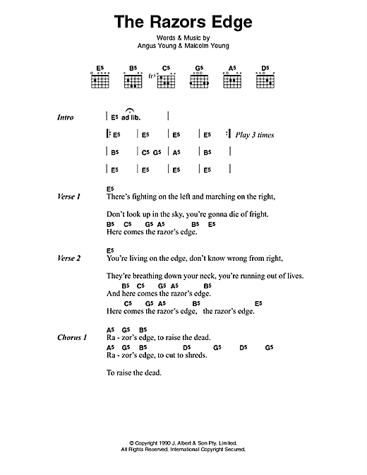 Learn to play AC/DC The Razor's Edge sheet music for Lyrics & Chords in minutes. AC/DC The Razor's Edge sheet music preview music notes and score for Lyrics & Chords including 2 page(s)