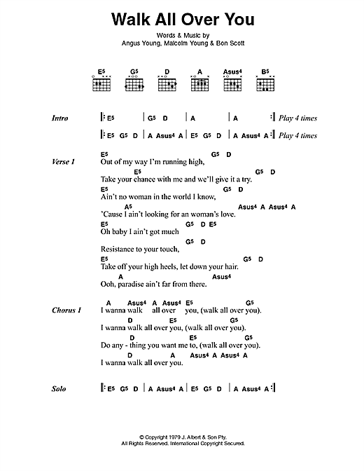 Learn to play AC/DC Walk All Over You sheet music for Lyrics & Chords in minutes. AC/DC Walk All Over You sheet music preview music notes and score for Lyrics & Chords including 2 page(s)