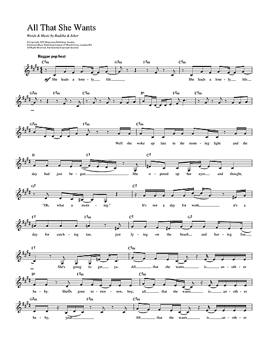 Learn to play Ace Of Base All That She Wants sheet music for Piano, Vocal & Guitar (Right-Hand Melody) in minutes. Ace Of Base All That She Wants sheet music notes and chords