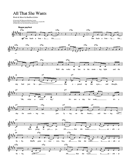 Ace Of Base All That She Wants sheet music preview music notes and score for Piano, Vocal & Guitar (Right-Hand Melody) including 5 page(s)