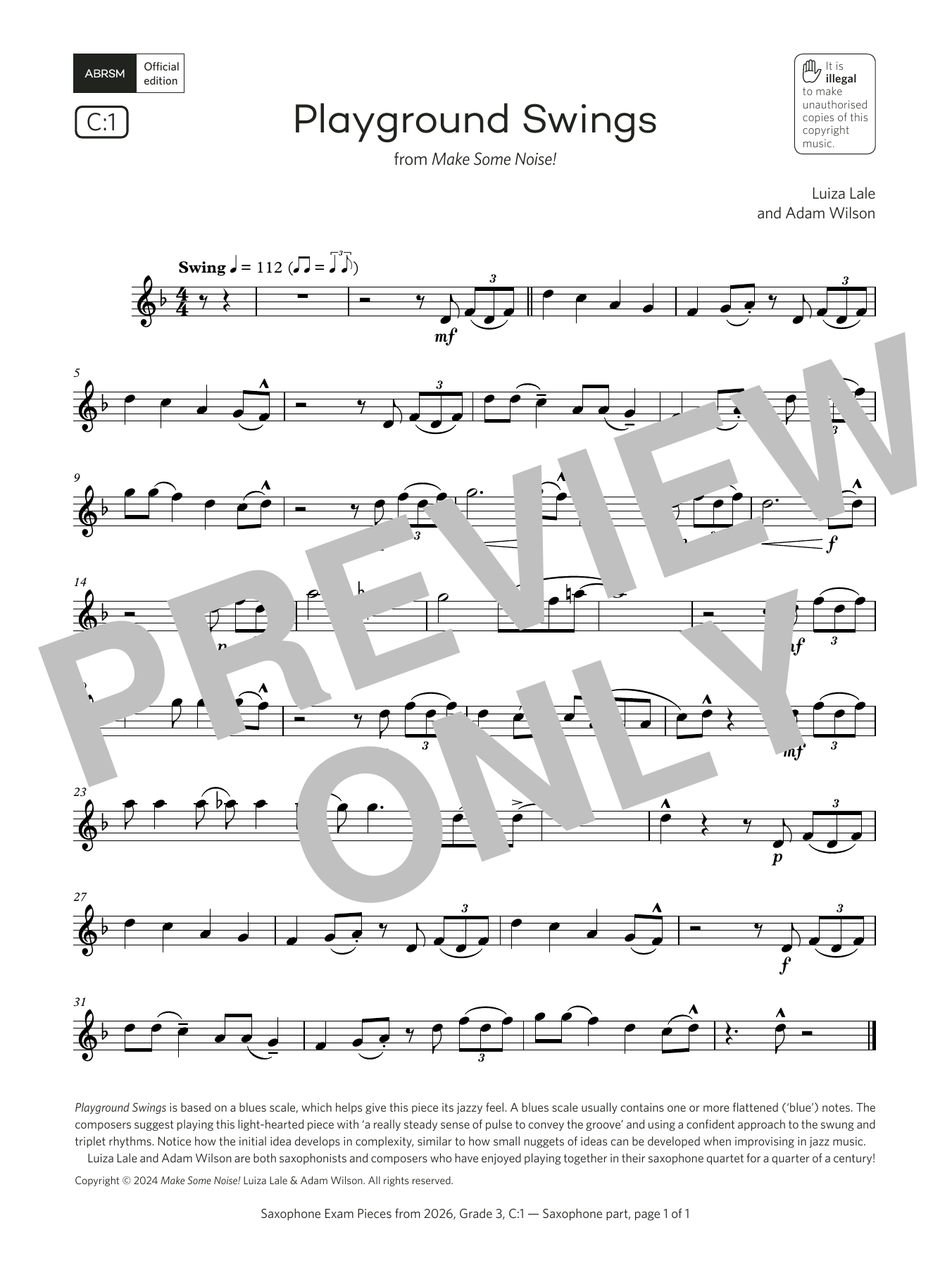 Adam Wilson Playground Swings (Grade 3, list C1, from the ABRSM Saxophone Syllabus from 2026) sheet music, chords, lyrics - Printable PDF for Alto Sax Solo