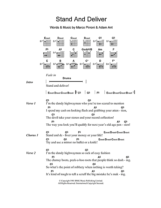 Learn to play Adam and the Ants Stand And Deliver sheet music for Lyrics & Chords in minutes. Adam and the Ants Stand And Deliver sheet music notes and chords