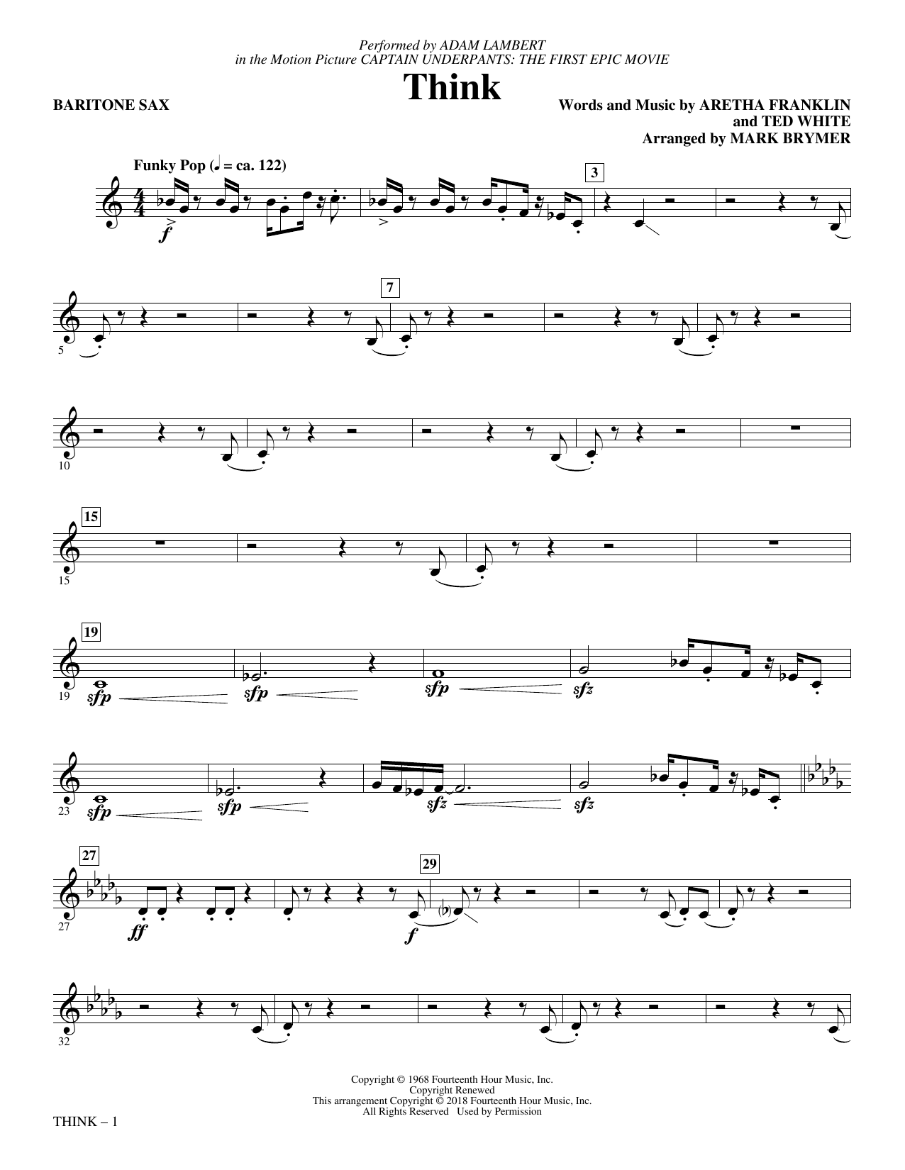 Learn to play Adam Lambert Think (from Captain Underpants: The First Epic Movie) (Arr. Mark Brymer) - Baritone Sax sheet music for Choir Instrumental Pak in minutes. Adam Lambert Think (from Captain Underpants: The First Epic Movie) (Arr. Mark Brymer) - Baritone Sax sheet music preview music notes and score for Choir Instrumental Pak including 2 page(s)