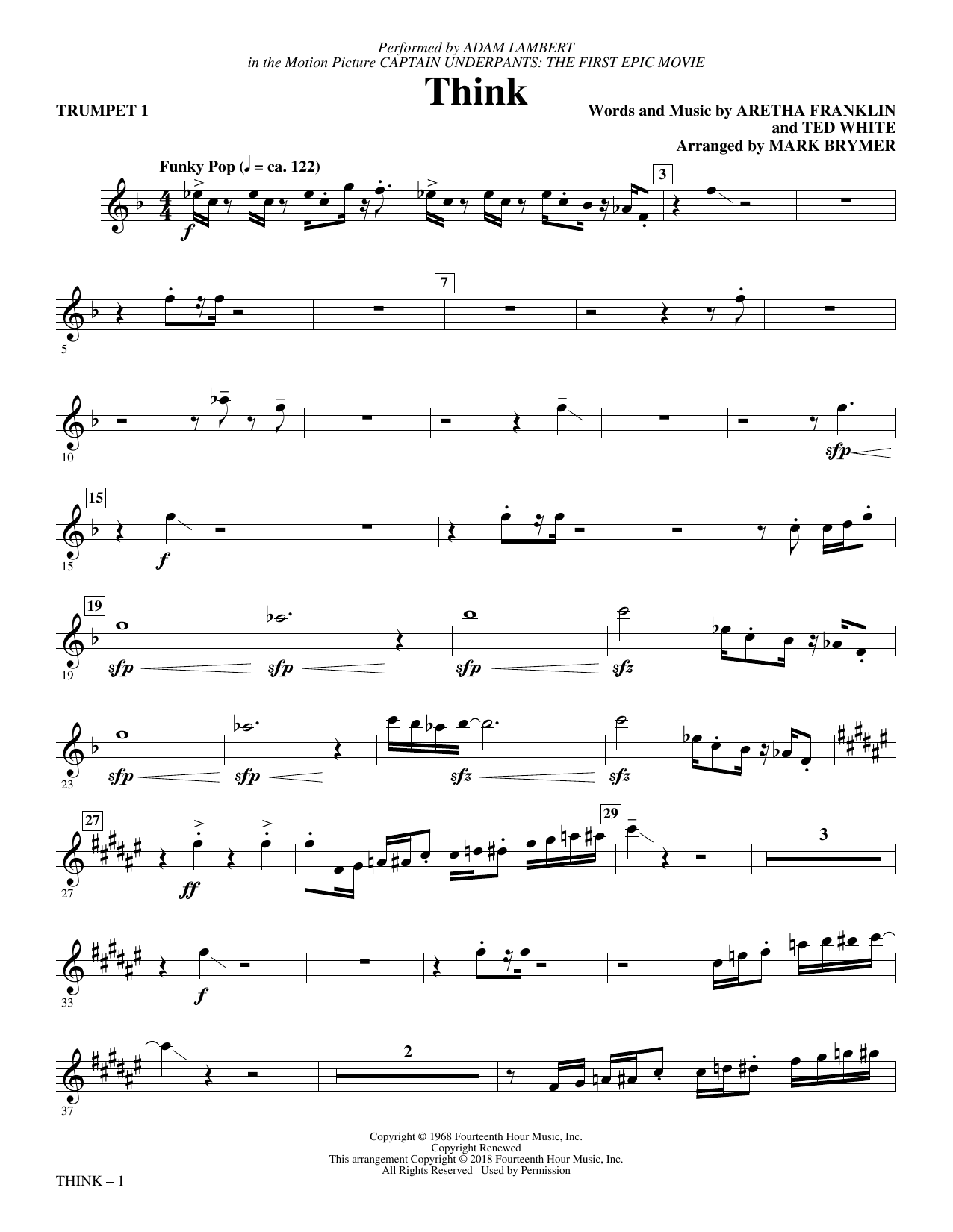 Learn to play Adam Lambert Think (from Captain Underpants: The First Epic Movie) (Arr. Mark Brymer) - Trumpet 1 sheet music for Choir Instrumental Pak in minutes. Adam Lambert Think (from Captain Underpants: The First Epic Movie) (Arr. Mark Brymer) - Trumpet 1 sheet music preview music notes and score for Choir Instrumental Pak including 2 page(s)