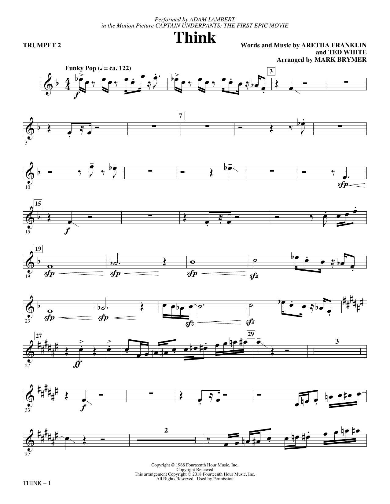 Learn to play Adam Lambert Think (from Captain Underpants: The First Epic Movie) (Arr. Mark Brymer) - Trumpet 2 sheet music for Choir Instrumental Pak in minutes. Adam Lambert Think (from Captain Underpants: The First Epic Movie) (Arr. Mark Brymer) - Trumpet 2 sheet music preview music notes and score for Choir Instrumental Pak including 2 page(s)