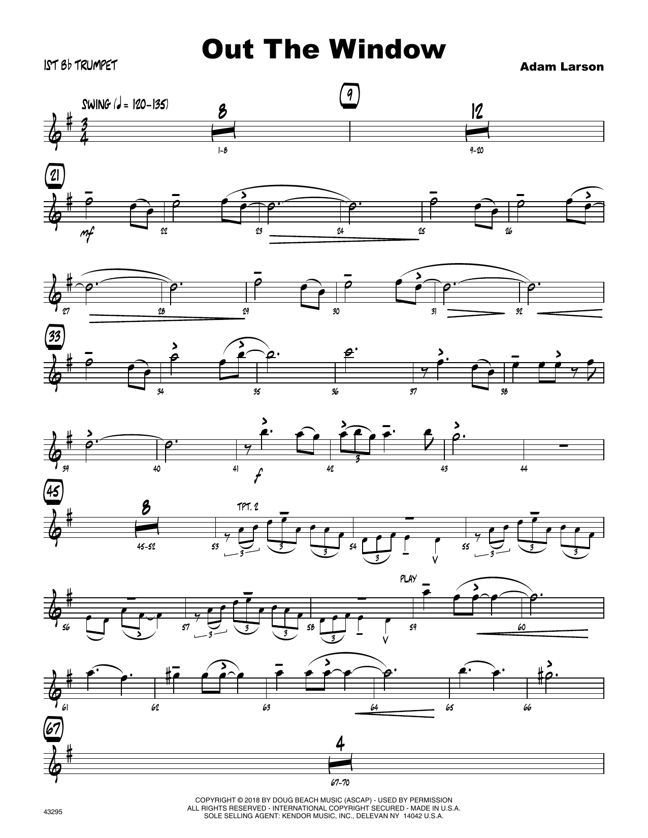 Learn to play Adam Larson Out The Window - 1st Bb Trumpet sheet music for Jazz Ensemble in minutes. Adam Larson Out The Window - 1st Bb Trumpet sheet music preview music notes and score for Jazz Ensemble including 3 page(s)