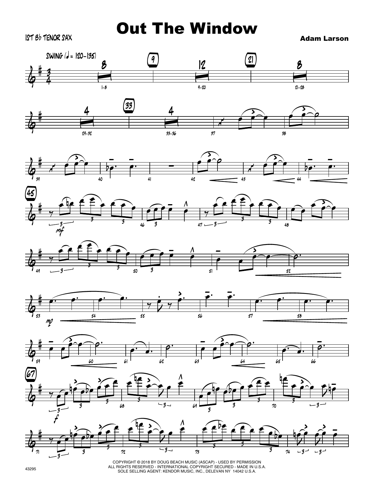 Learn to play Adam Larson Out The Window - 1st Tenor Saxophone sheet music for Jazz Ensemble in minutes. Adam Larson Out The Window - 1st Tenor Saxophone sheet music preview music notes and score for Jazz Ensemble including 4 page(s)