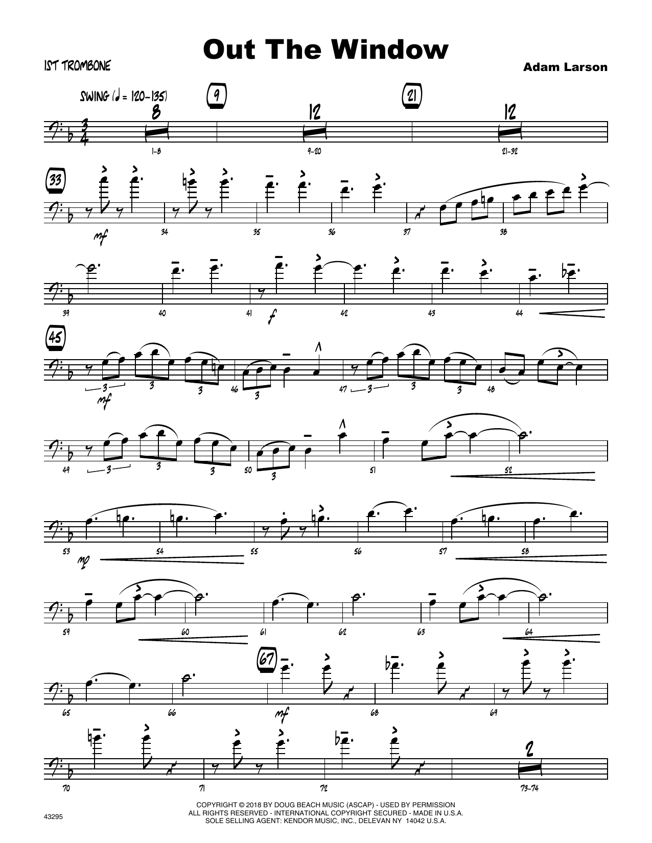Learn to play Adam Larson Out The Window - 1st Trombone sheet music for Jazz Ensemble in minutes. Adam Larson Out The Window - 1st Trombone sheet music preview music notes and score for Jazz Ensemble including 3 page(s)