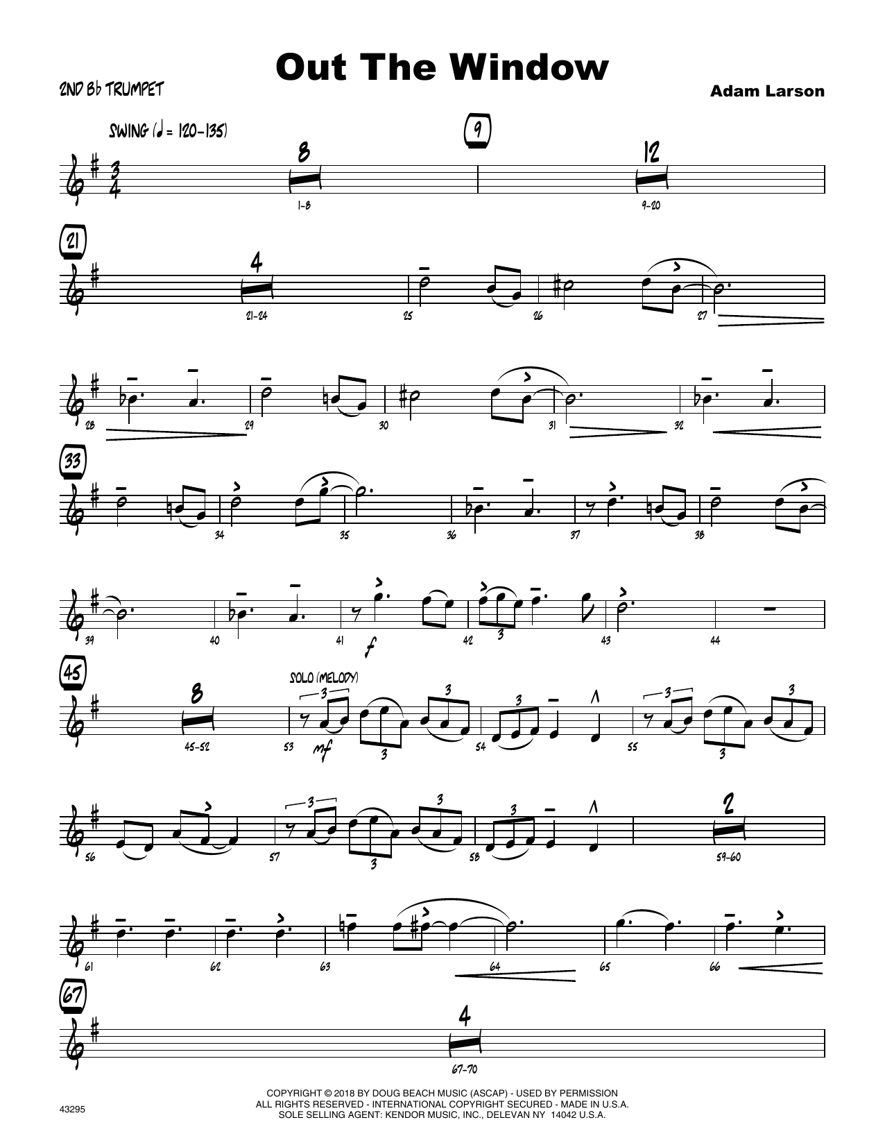 Learn to play Adam Larson Out The Window - 2nd Bb Trumpet sheet music for Jazz Ensemble in minutes. Adam Larson Out The Window - 2nd Bb Trumpet sheet music preview music notes and score for Jazz Ensemble including 3 page(s)