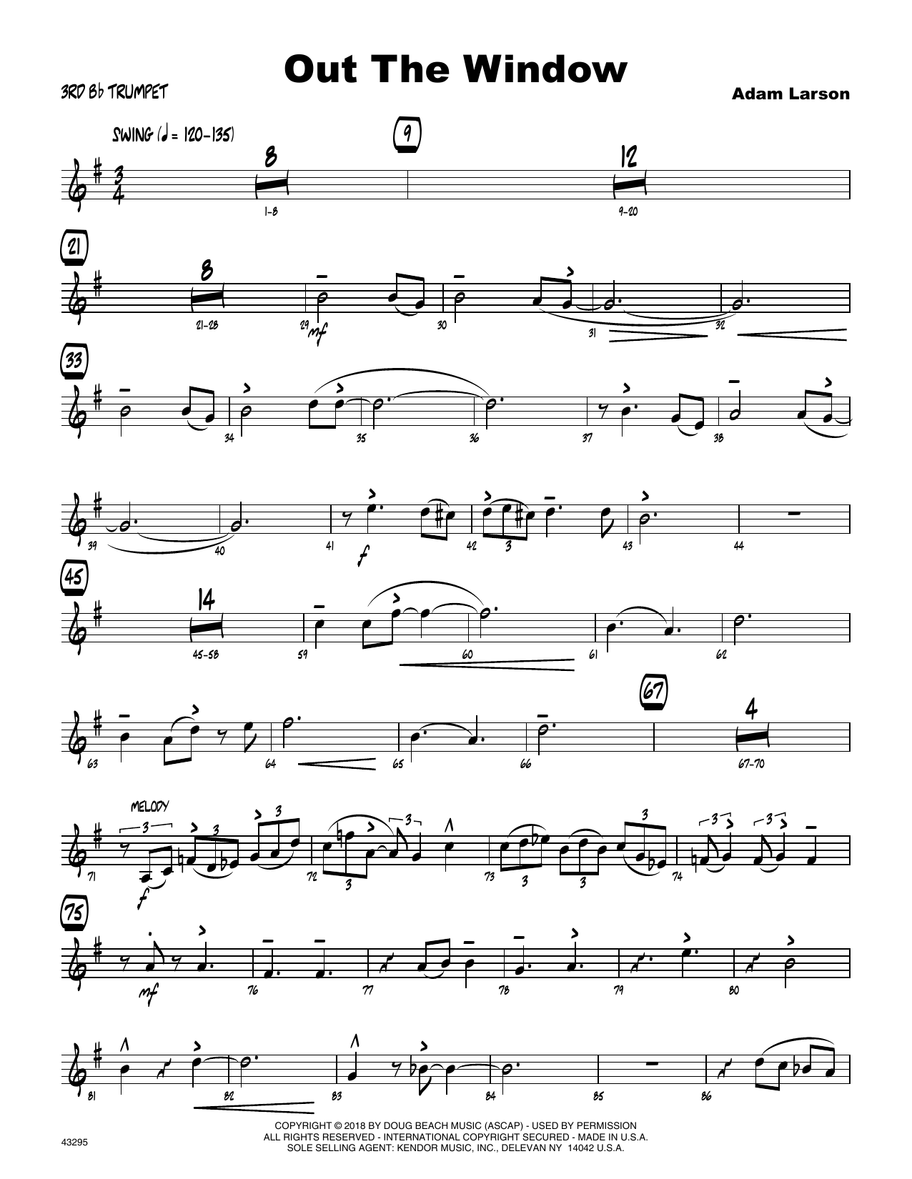 Learn to play Adam Larson Out The Window - 3rd Bb Trumpet sheet music for Jazz Ensemble in minutes. Adam Larson Out The Window - 3rd Bb Trumpet sheet music preview music notes and score for Jazz Ensemble including 2 page(s)