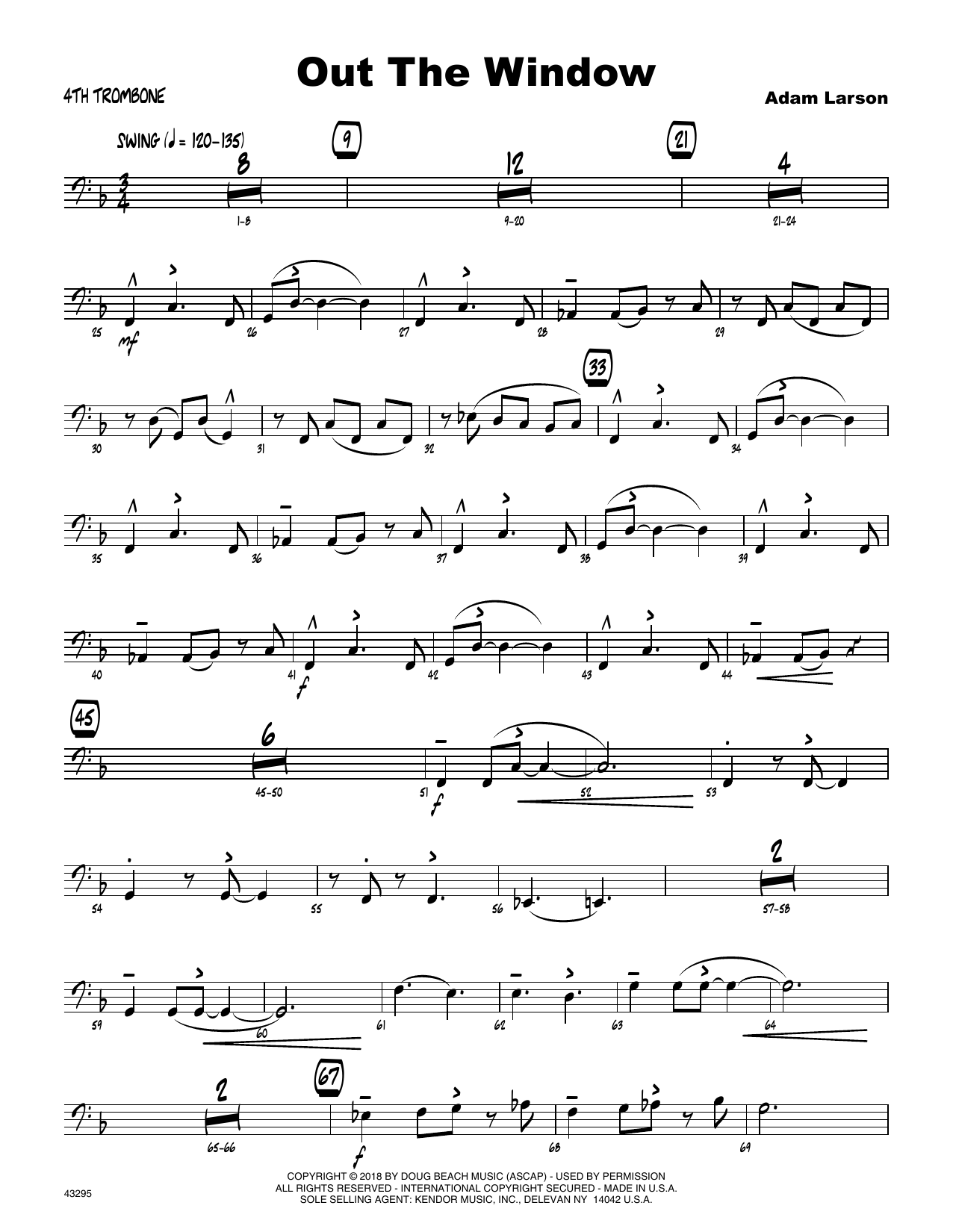 Learn to play Adam Larson Out The Window - 4th Trombone sheet music for Jazz Ensemble in minutes. Adam Larson Out The Window - 4th Trombone sheet music preview music notes and score for Jazz Ensemble including 3 page(s)