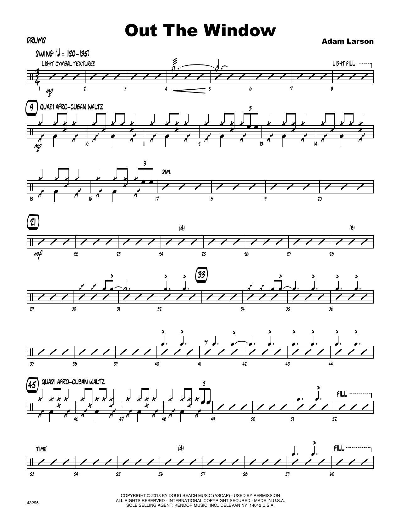 Learn to play Adam Larson Out The Window - Drum Set sheet music for Jazz Ensemble in minutes. Adam Larson Out The Window - Drum Set sheet music preview music notes and score for Jazz Ensemble including 4 page(s)