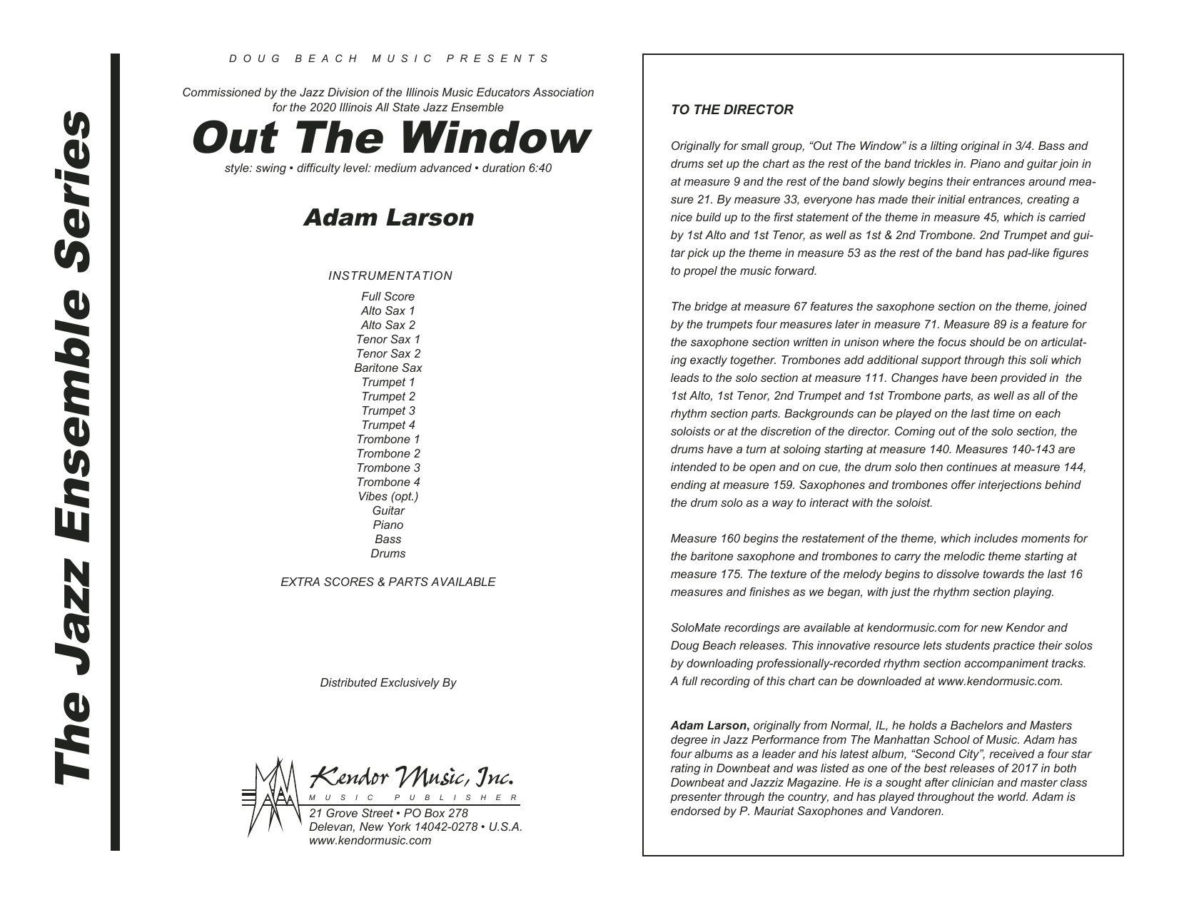 Learn to play Adam Larson Out The Window - Full Score sheet music for Jazz Ensemble in minutes. Adam Larson Out The Window - Full Score sheet music preview music notes and score for Jazz Ensemble including 28 page(s)