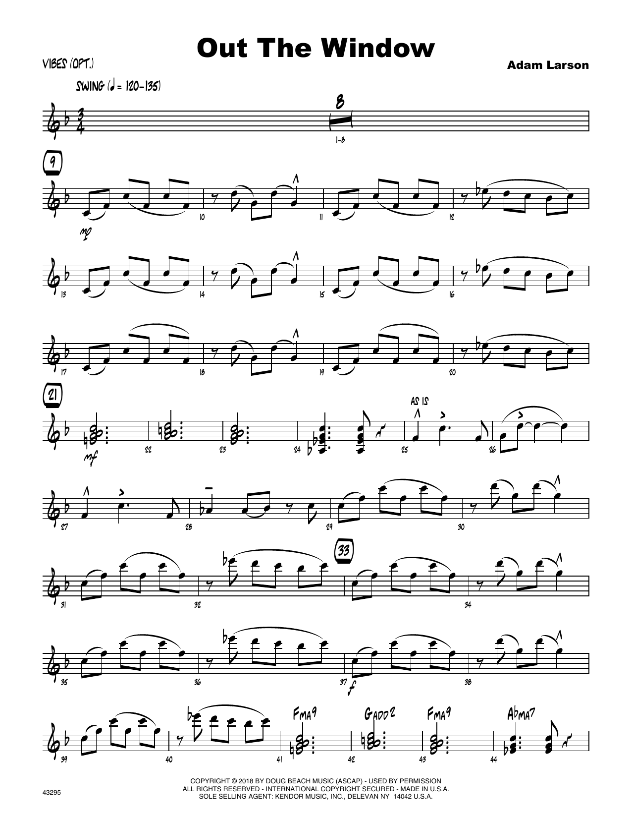 Learn to play Adam Larson Out The Window - Vibes sheet music for Jazz Ensemble in minutes. Adam Larson Out The Window - Vibes sheet music preview music notes and score for Jazz Ensemble including 4 page(s)