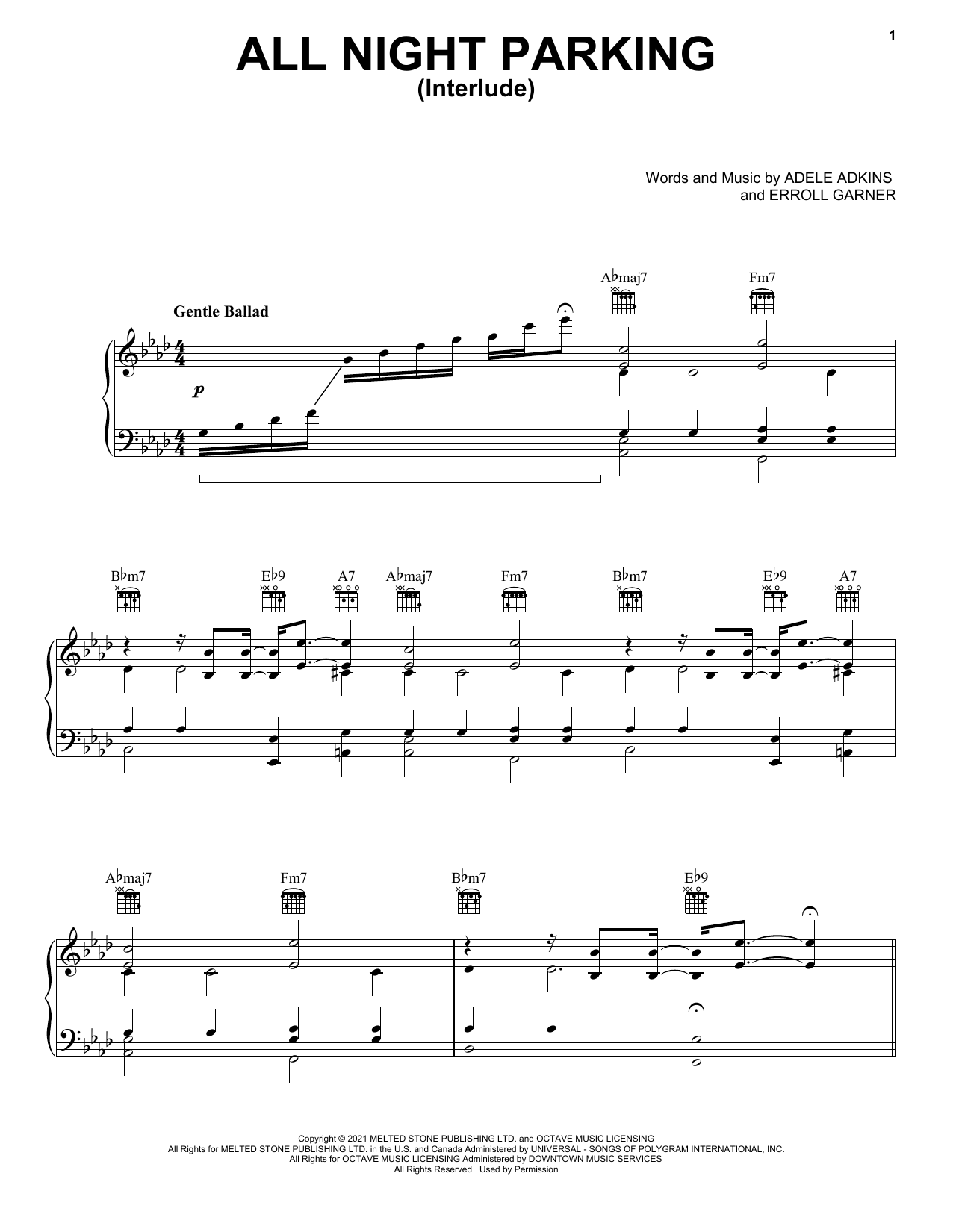 Learn to play Adele All Night Parking (Interlude) sheet music for Piano, Vocal & Guitar Chords (Right-Hand Melody) in minutes. Adele All Night Parking (Interlude) sheet music preview music notes and score for Piano, Vocal & Guitar Chords (Right-Hand Melody) including 3 page(s)