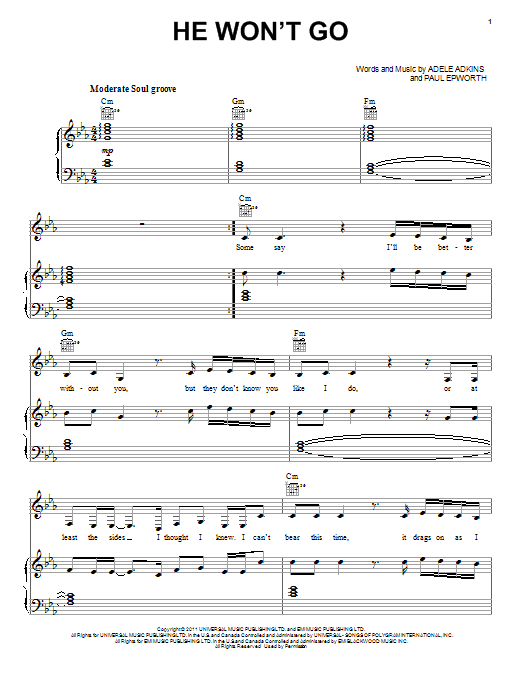 Learn to play Adele He Won't Go sheet music for Piano, Vocal & Guitar (Right-Hand Melody) in minutes. Adele He Won't Go sheet music preview music notes and score for Piano, Vocal & Guitar (Right-Hand Melody) including 9 page(s)