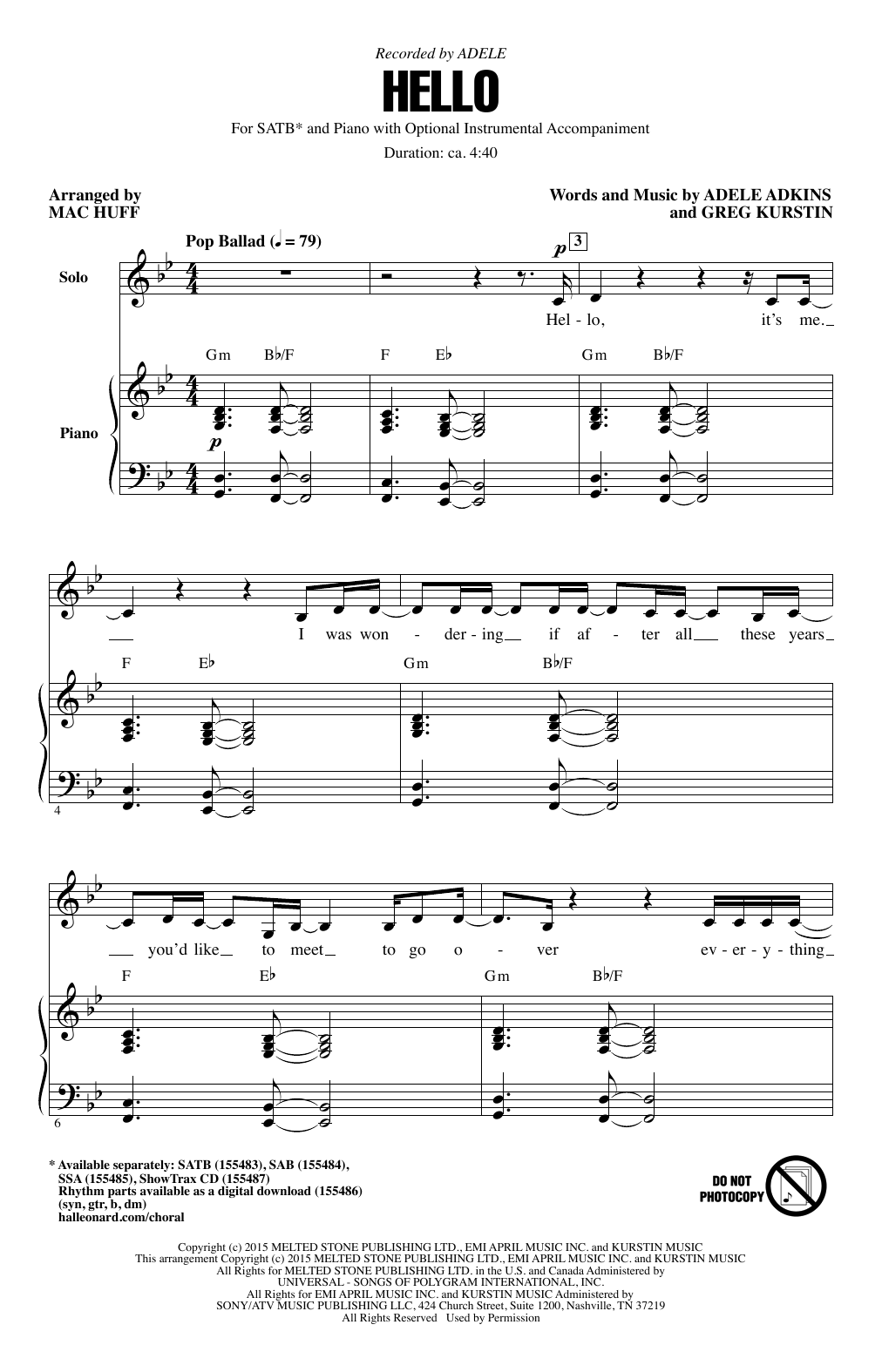 Adele Hello Arr Mac Huff Sheet Music Notes Download Pdf Pop Score Satb Choir